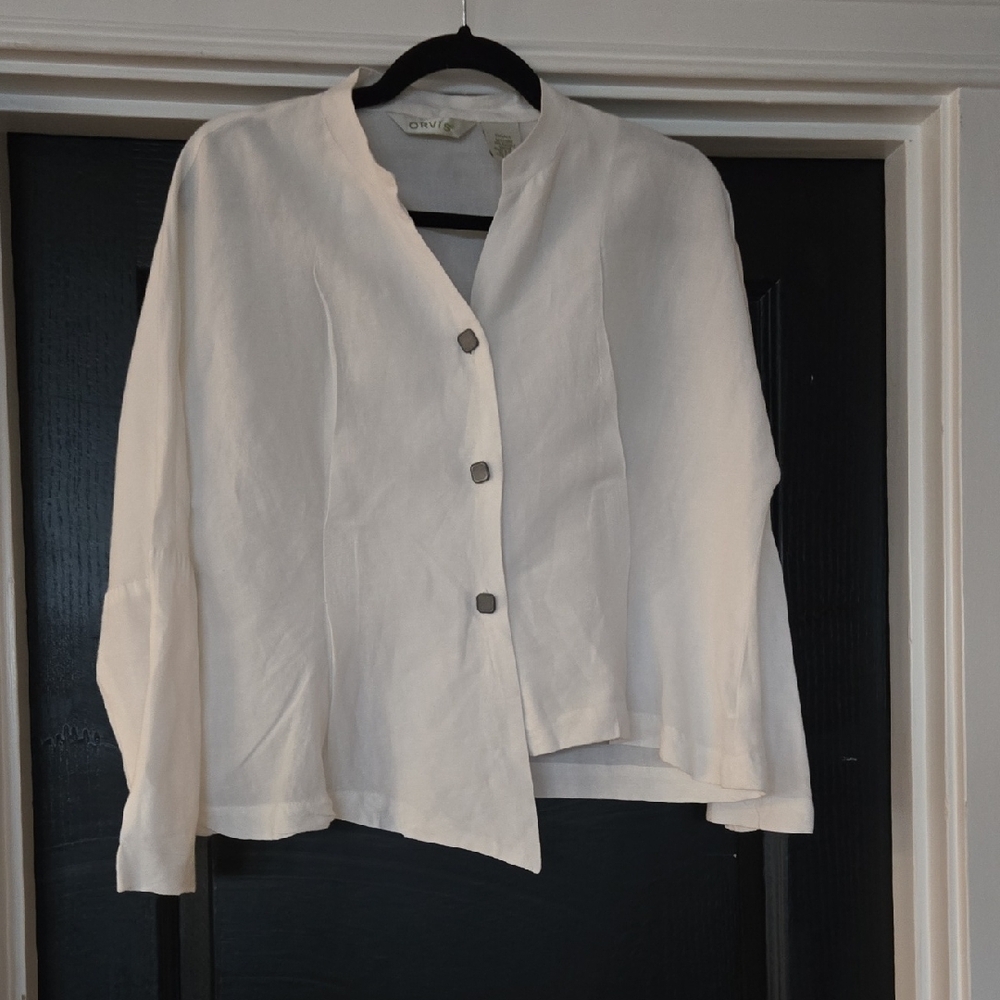 Orvis White Linen Blend Asymmetrical Mandarin Collar Button Down  XS